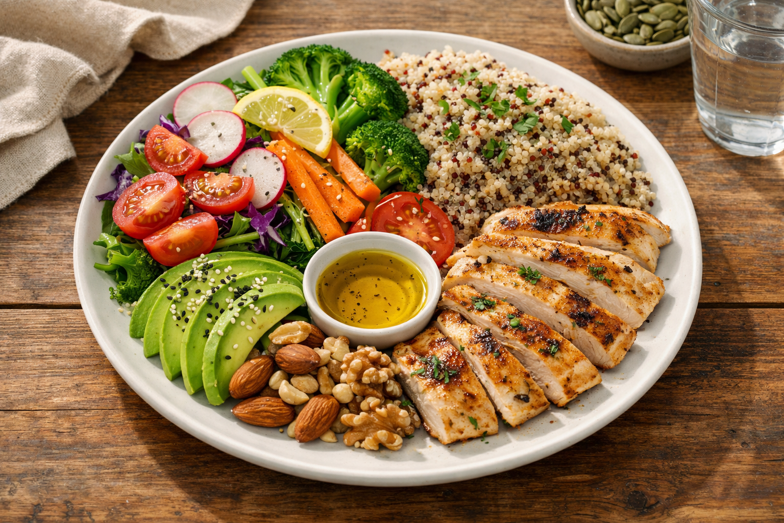 A balanced meal plate showing colorful vegetables, lean protein, whole grains, and healthy fats arranged aesthetically on a wooden table with natural lighting