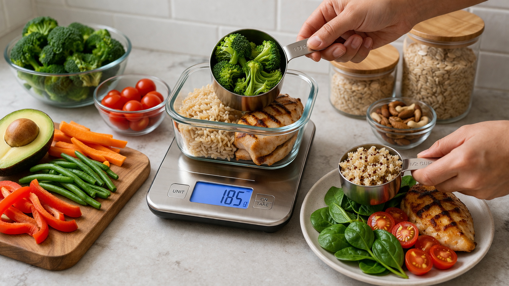 Hands using measuring cups and a food scale to portion healthy foods including vegetables, grains, and proteins on a clean kitchen counter